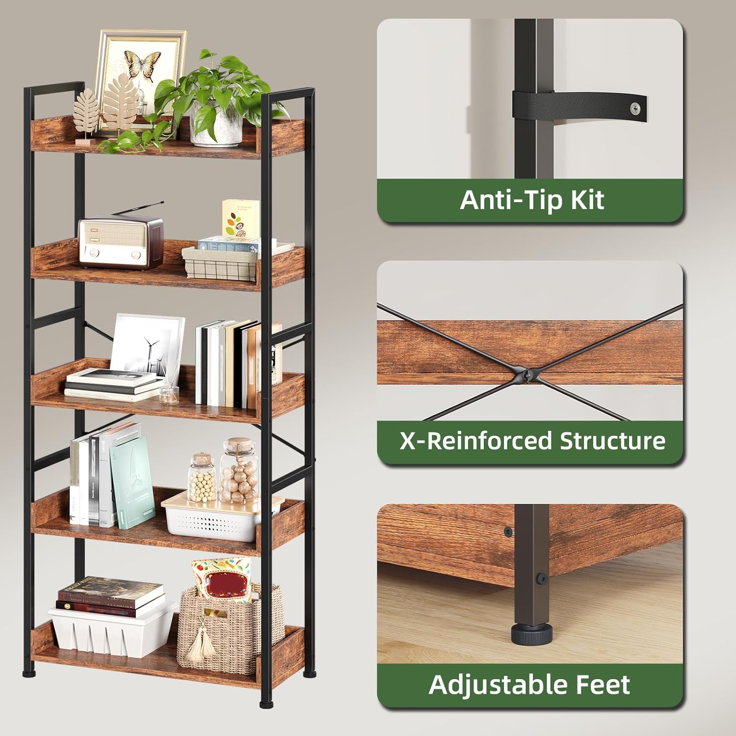 Somdot Bookshelf, 5 Tier Bookshelves with Open Storage, Free Standing Shelving Unit, Industrial Bookcase for Bedroom, Living Room and Home Office, Wood Grain Print