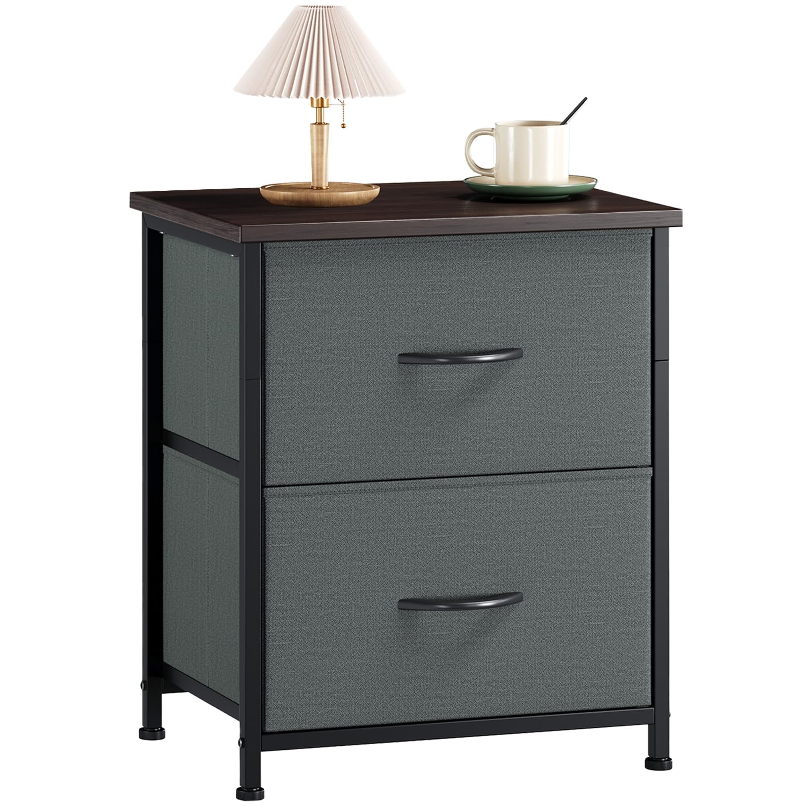 Somdot Nightstand with 2 Drawers, Small Bedside Table with Removable Fabric Bins for Bedroom, Nursery & Living Room - Sturdy Steel Frame, Wood Top, Ash Grey