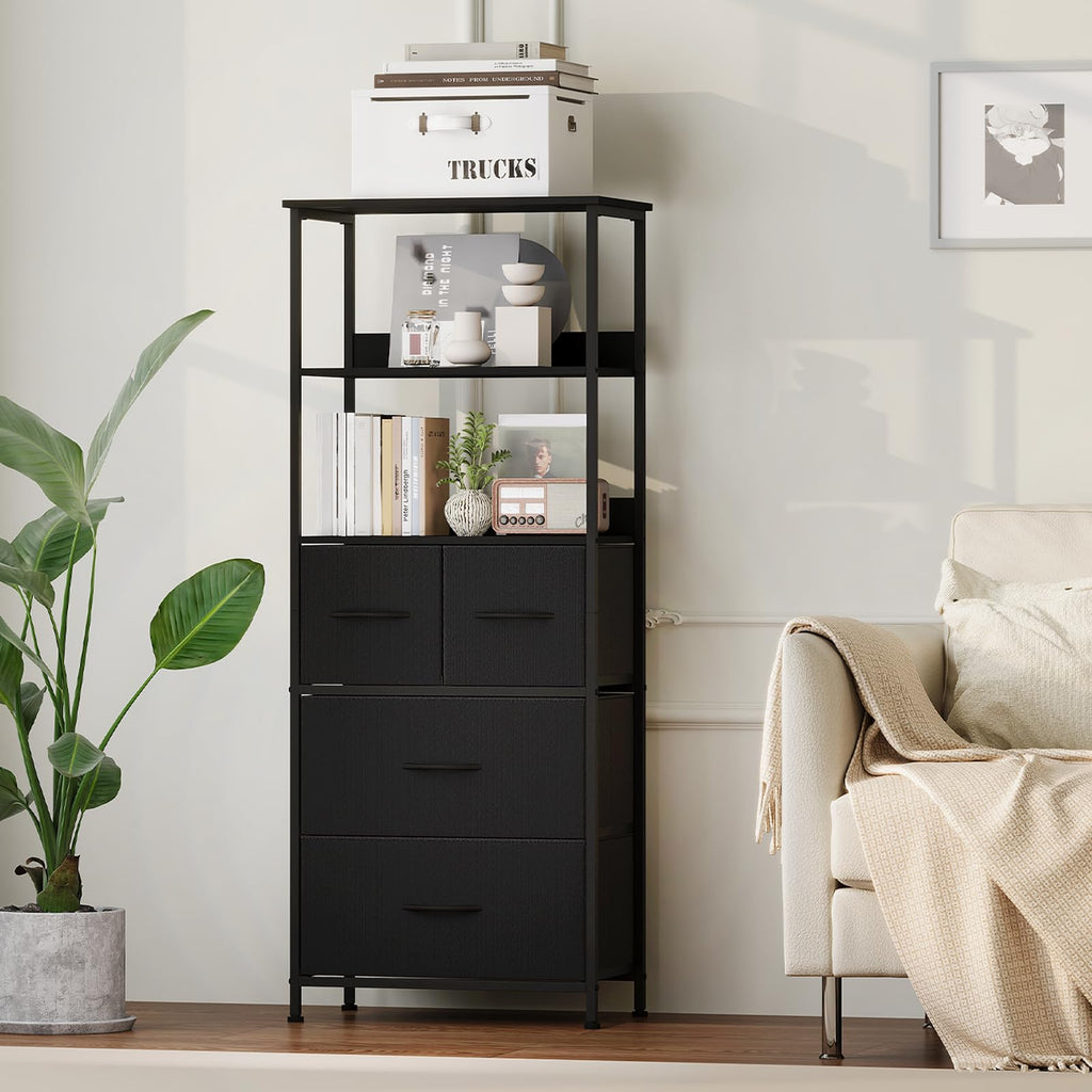 Somdot 5 Tier Bookshelf,Tall Bookcase with 3 Fabric Drawers,Storage Wood Shelf and Metal Frame,Shelving Unit for Living Room,Office,Study,Black
