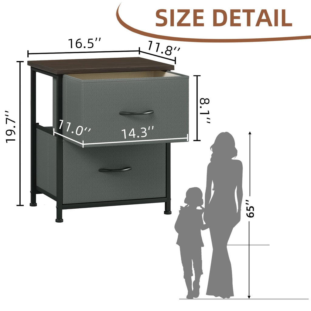 Somdot Nightstand with 2 Drawers, Small Bedside Table with Removable Fabric Bins for Bedroom, Nursery & Living Room - Sturdy Steel Frame, Wood Top, Ash Grey