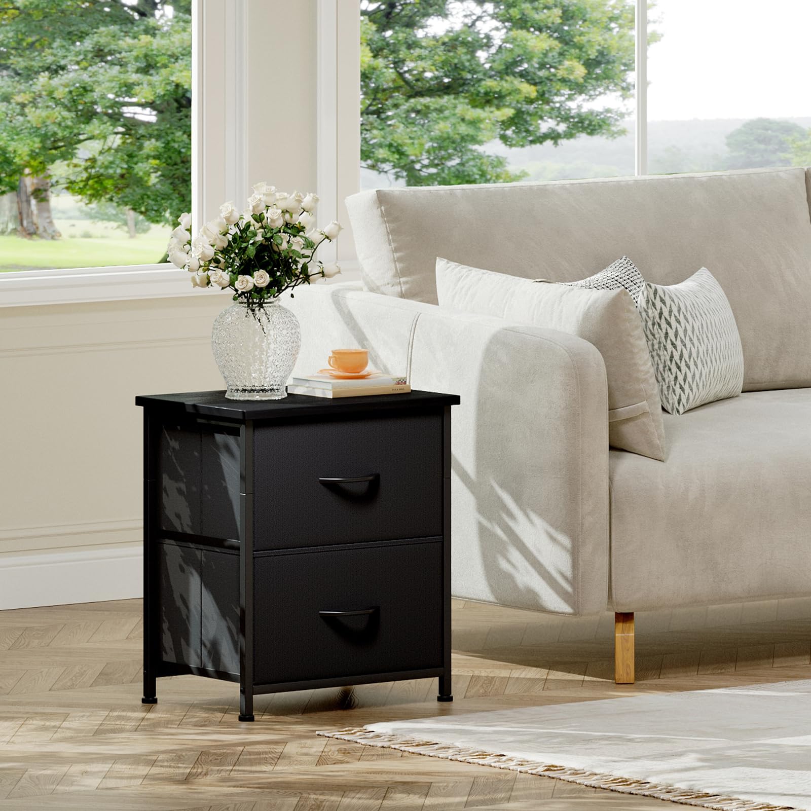 Somdot Nightstand with 2 Drawers, Small Bedside Table with Removable Fabric Bins for Bedroom, Nursery & Living Room - Sturdy Steel Frame, Wood Top, Ash Grey