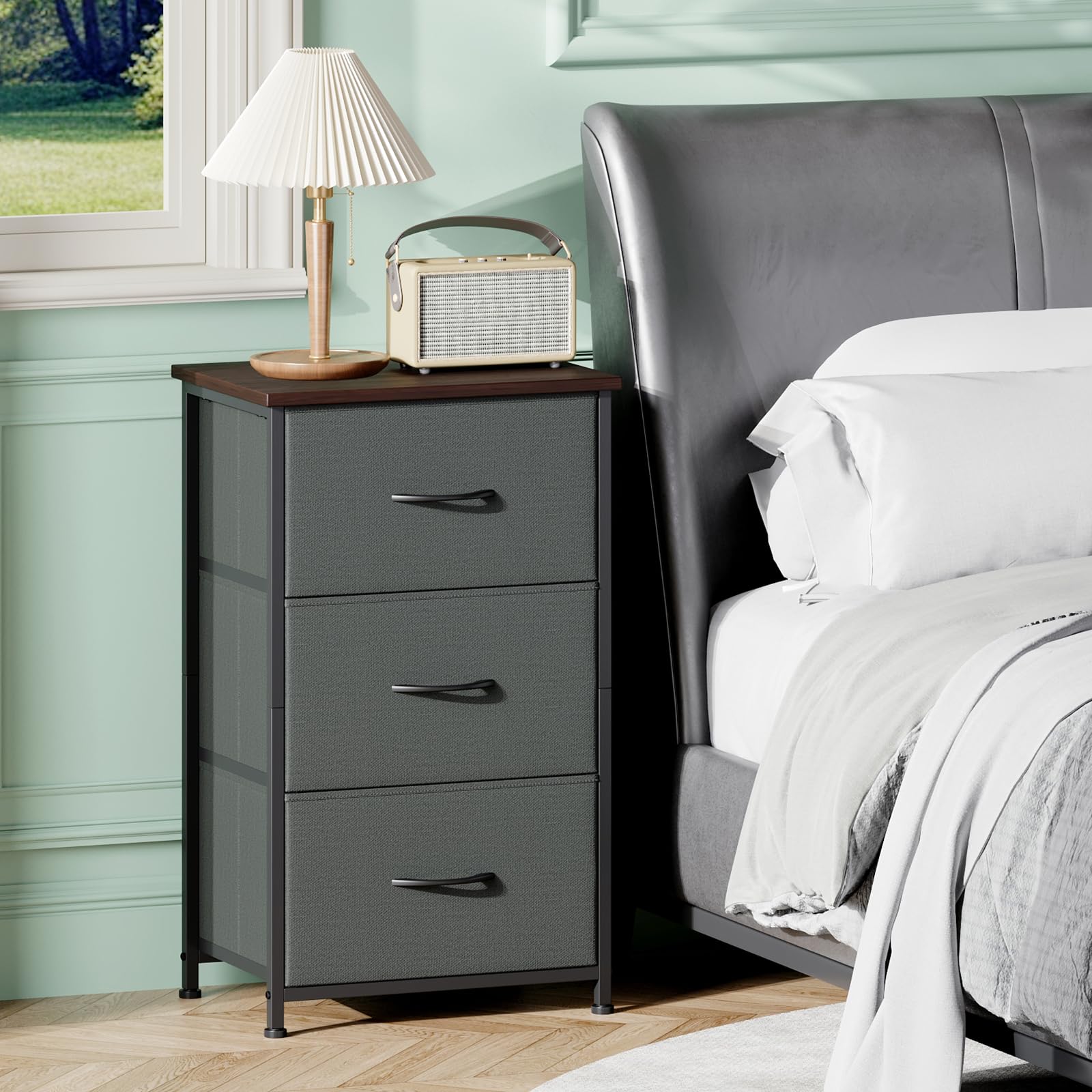 Somdot Nightstand, 3 Drawer Dresser for Bedroom, Bedside Table Night Stand End Table with Fabric Bins for Bedroom Closet Dorm,Black