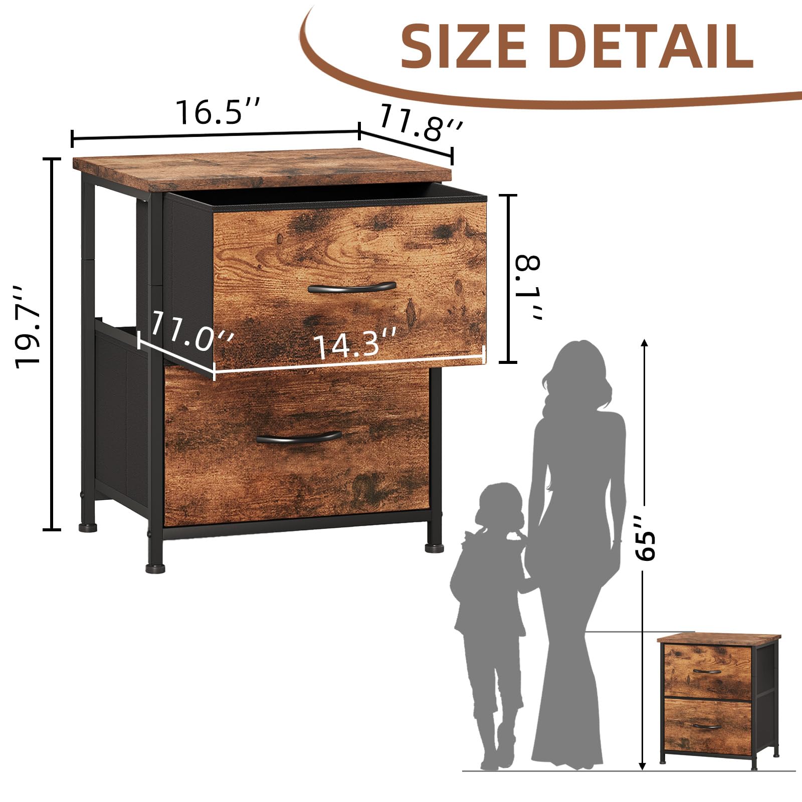 Somdot Nightstand with 2 Drawers, Small Bedside Table with Removable Fabric Bins for Bedroom, Nursery & Living Room - Sturdy Steel Frame, Wood Top, Ash Grey