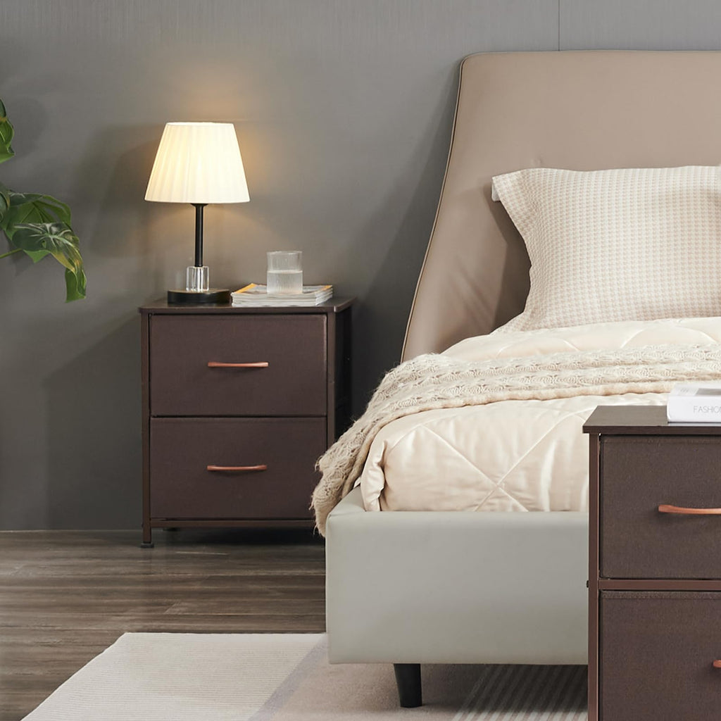 Somdot Nightstand with 2 Drawers, Small Bedside Table with Removable Fabric Bins for Bedroom, Nursery & Living Room - Sturdy Steel Frame, Wood Top, Ash Grey