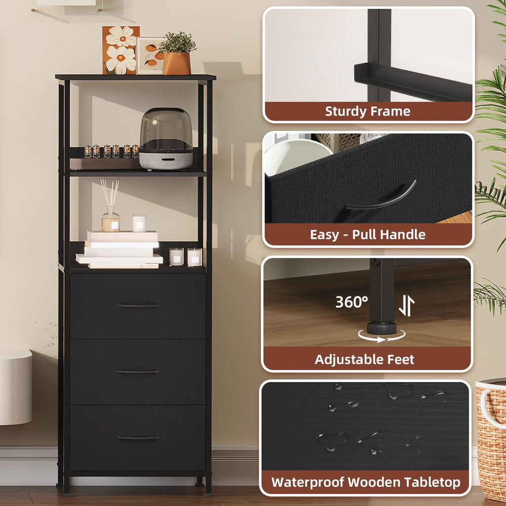 Somdot 5 Tier Bookshelf,Tall Bookcase with 3 Fabric Drawers,Storage Wood Shelf and Metal Frame,Shelving Unit for Living Room,Office,Study,Black