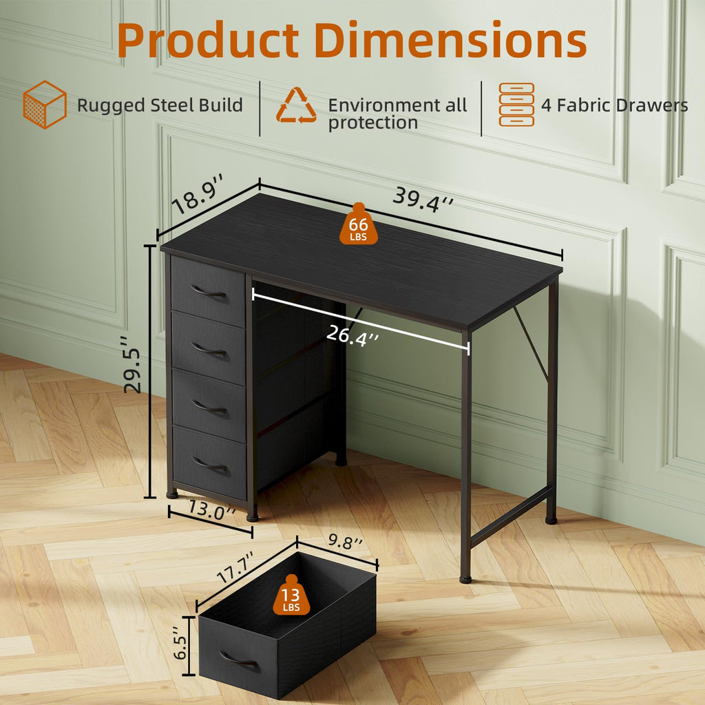 Somdot Computer Desk with 4 Fabric Drawers, 39.4 inch Reversible Home Office Desk, Small Gaming Desk with Drawers, Metal Frame for Home Office, Black