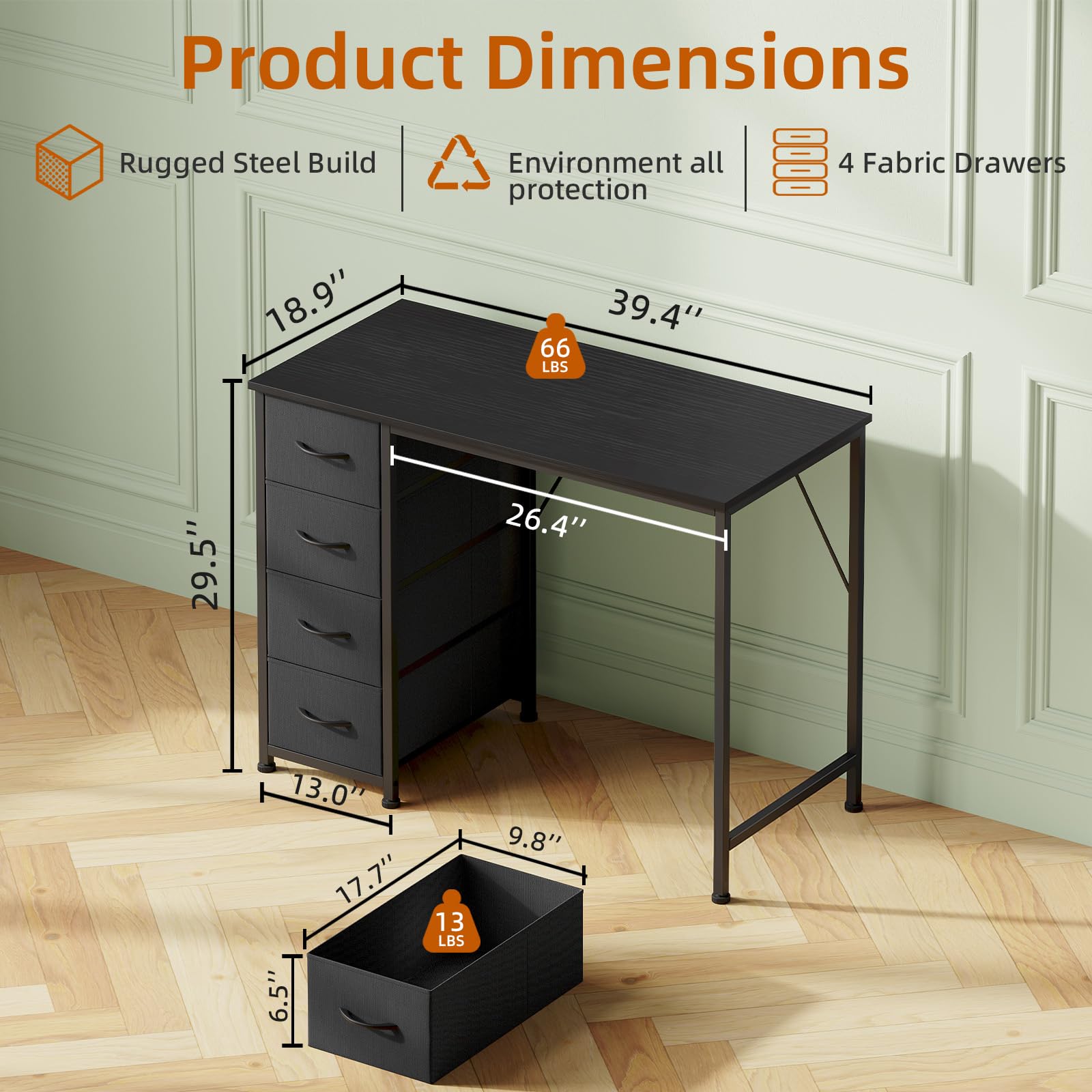 Somdot Computer Desk with 4 Fabric Drawers, 39.4 inch Reversible Home Office Desk, Small Gaming Desk with Drawers, Metal Frame for Home Office, Black