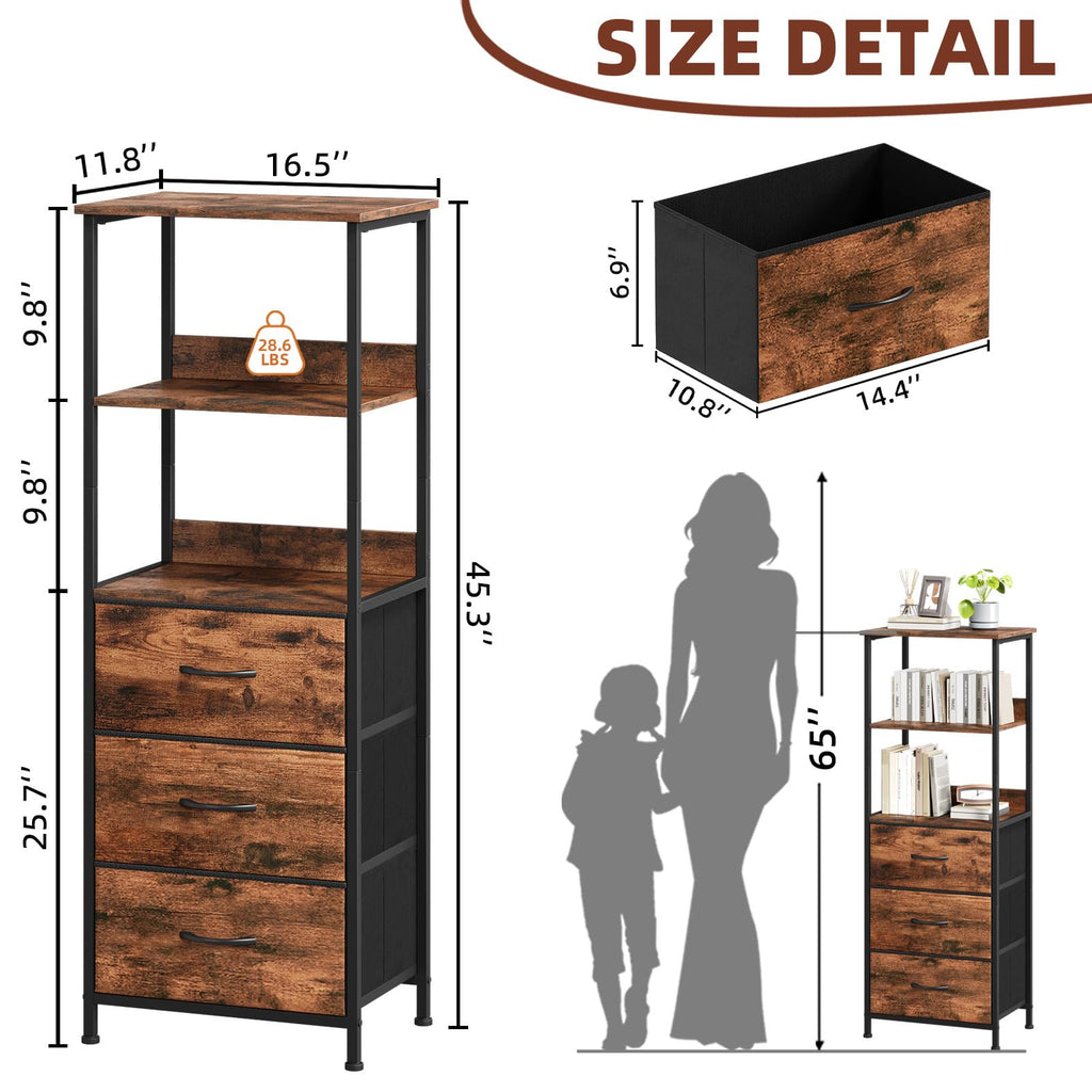 Somdot 5 Tier Bookshelf,Tall Bookcase with 3 Fabric Drawers,Storage Wood Shelf and Metal Frame,Shelving Unit for Living Room,Office,Study,Black