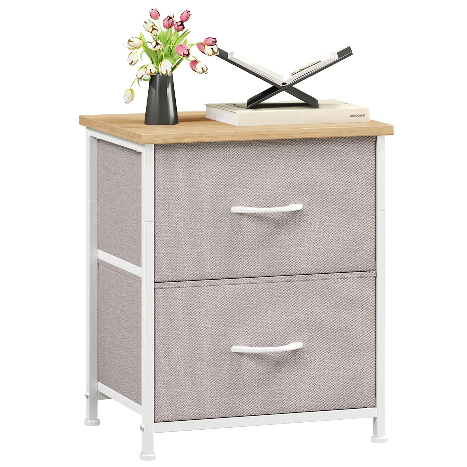 Somdot Nightstand with 2 Drawers, Small Bedside Table with Removable Fabric Bins for Bedroom, Nursery & Living Room - Sturdy Steel Frame, Wood Top, Ash Grey