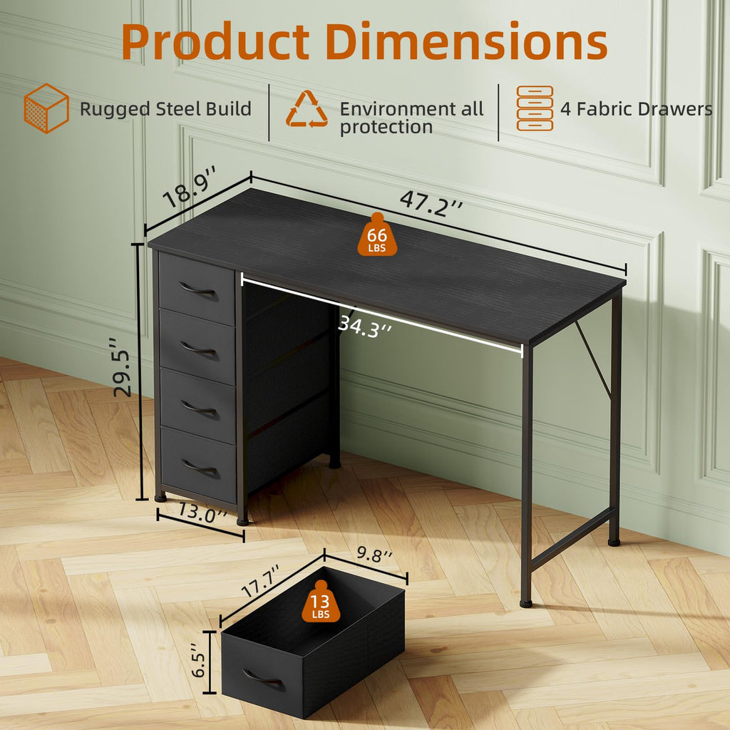 Somdot Computer Desk with 4 Fabric Drawers, 39.4 inch Reversible Home Office Desk, Small Gaming Desk with Drawers, Metal Frame for Home Office, Black