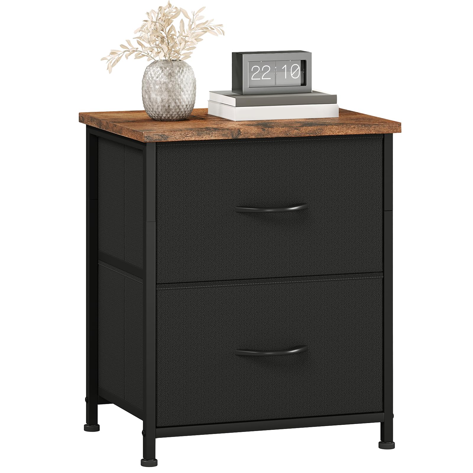 Somdot Nightstand with 2 Drawers, Small Bedside Table with Removable Fabric Bins for Bedroom, Nursery & Living Room - Sturdy Steel Frame, Wood Top, Ash Grey