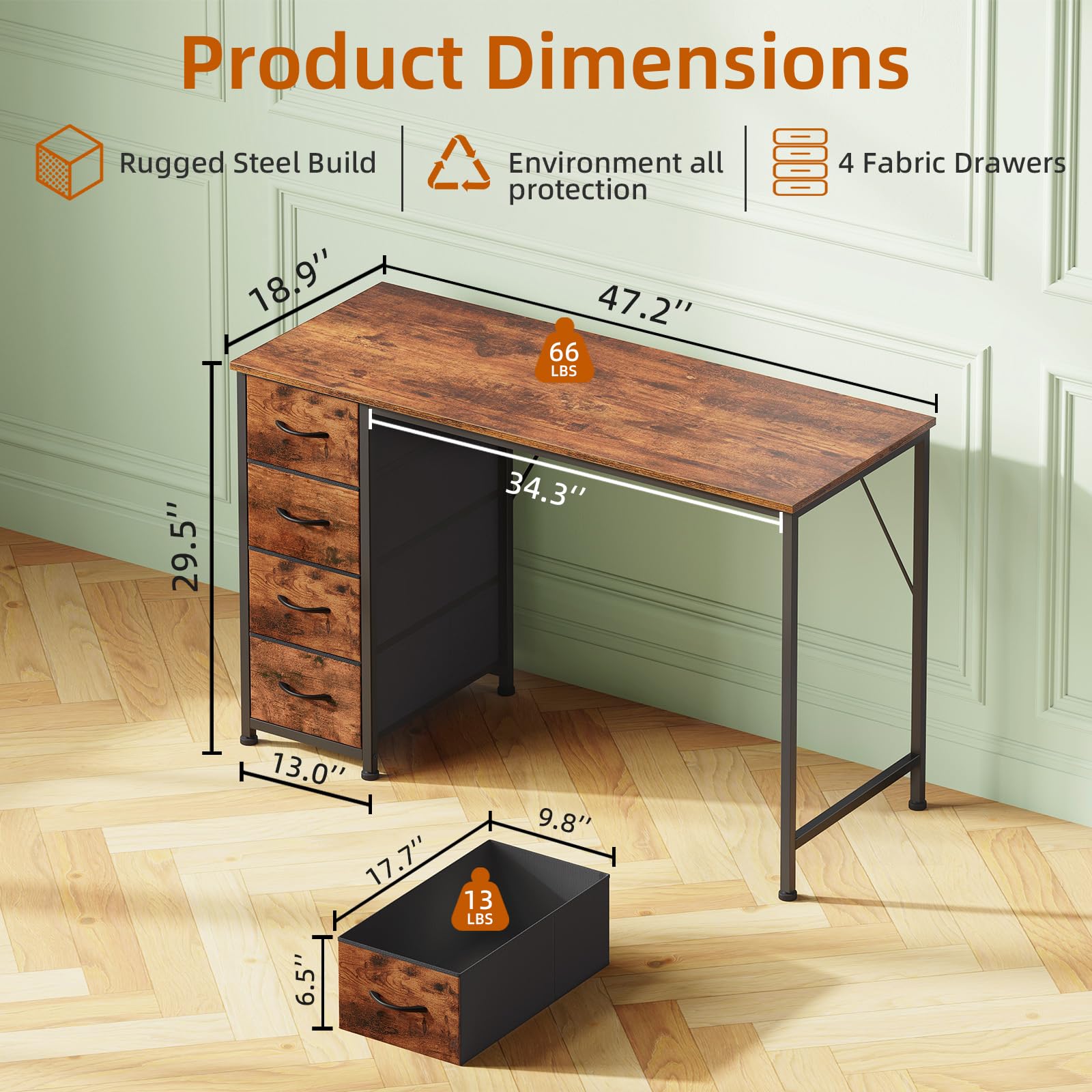 Somdot Computer Desk with 4 Fabric Drawers, 39.4 inch Reversible Home Office Desk, Small Gaming Desk with Drawers, Metal Frame for Home Office, Black
