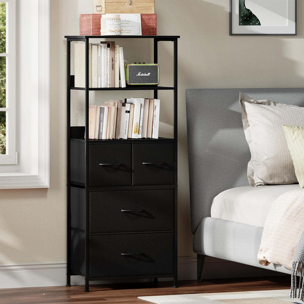 Somdot 5 Tier Bookshelf,Tall Bookcase with 3 Fabric Drawers,Storage Wood Shelf and Metal Frame,Shelving Unit for Living Room,Office,Study,Black