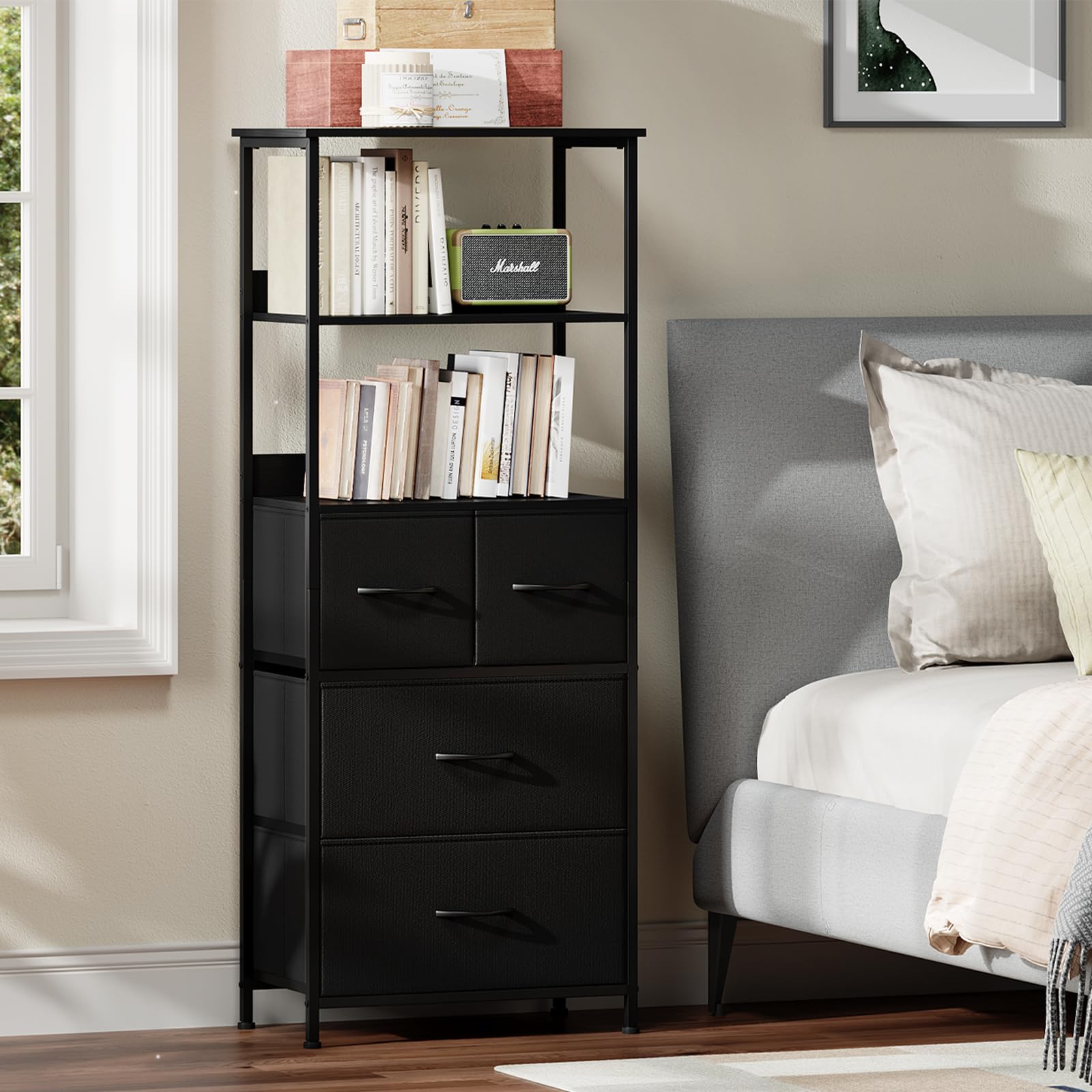 Somdot 5 Tier Bookshelf,Tall Bookcase with 3 Fabric Drawers,Storage Wood Shelf and Metal Frame,Shelving Unit for Living Room,Office,Study,Black