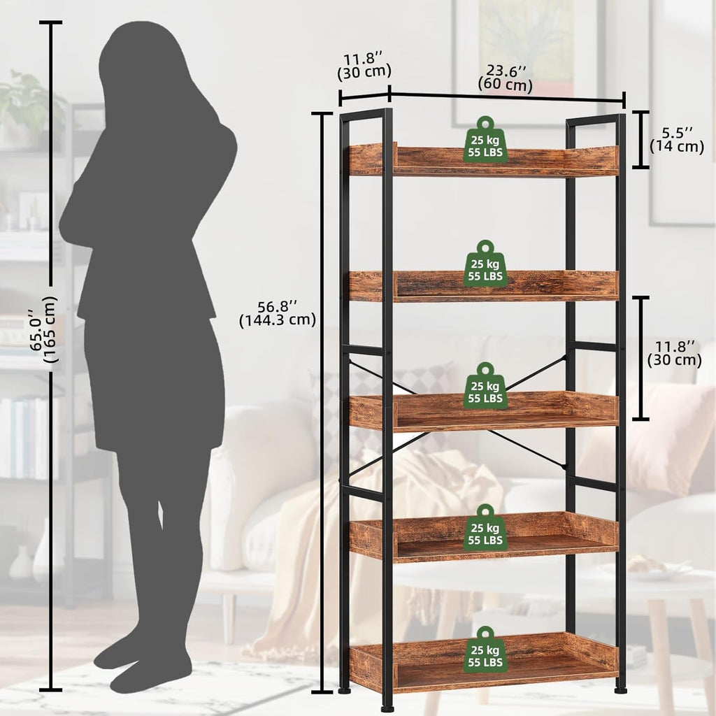 Somdot Bookshelf, 5 Tier Bookshelves with Open Storage, Free Standing Shelving Unit, Industrial Bookcase for Bedroom, Living Room and Home Office, Wood Grain Print