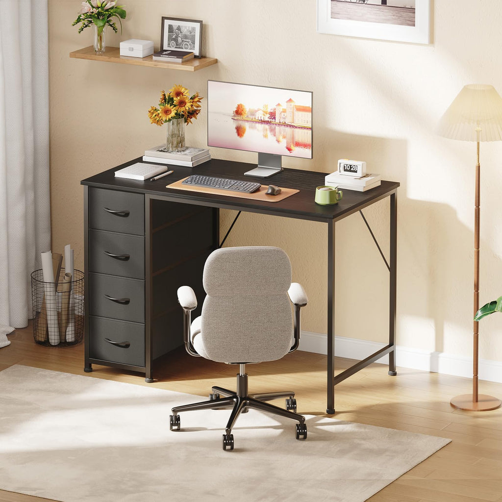 Somdot Computer Desk with 4 Fabric Drawers, 39.4 inch Reversible Home Office Desk, Small Gaming Desk with Drawers, Metal Frame for Home Office, Black