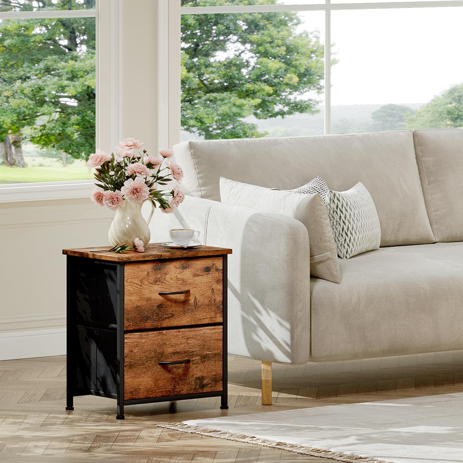 Somdot Nightstand with 2 Drawers, Small Bedside Table with Removable Fabric Bins for Bedroom, Nursery & Living Room - Sturdy Steel Frame, Wood Top, Ash Grey