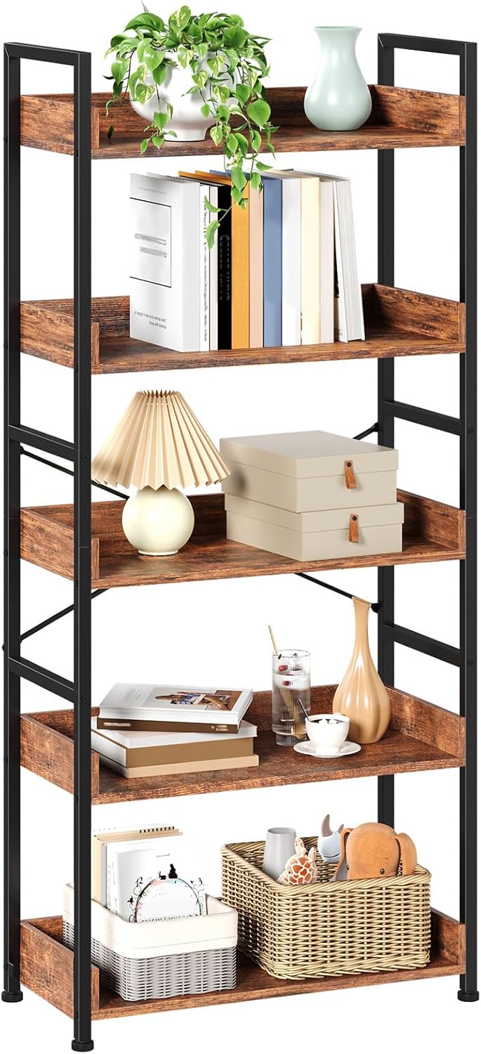 Somdot Bookshelf, 5 Tier Bookshelves with Open Storage, Free Standing Shelving Unit, Industrial Bookcase for Bedroom, Living Room and Home Office, Wood Grain Print