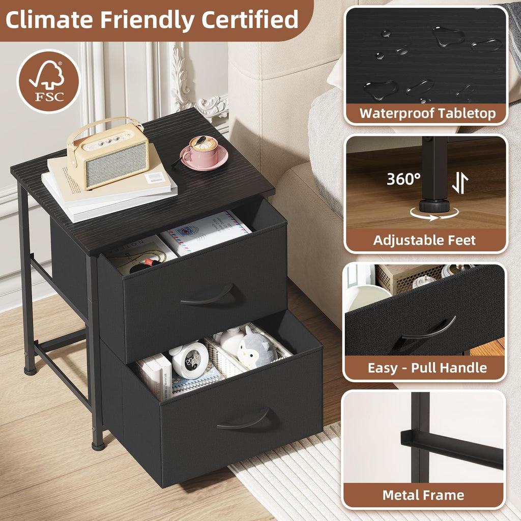 Somdot Nightstand with 2 Drawers, Small Bedside Table with Removable Fabric Bins for Bedroom, Nursery & Living Room - Sturdy Steel Frame, Wood Top, Ash Grey