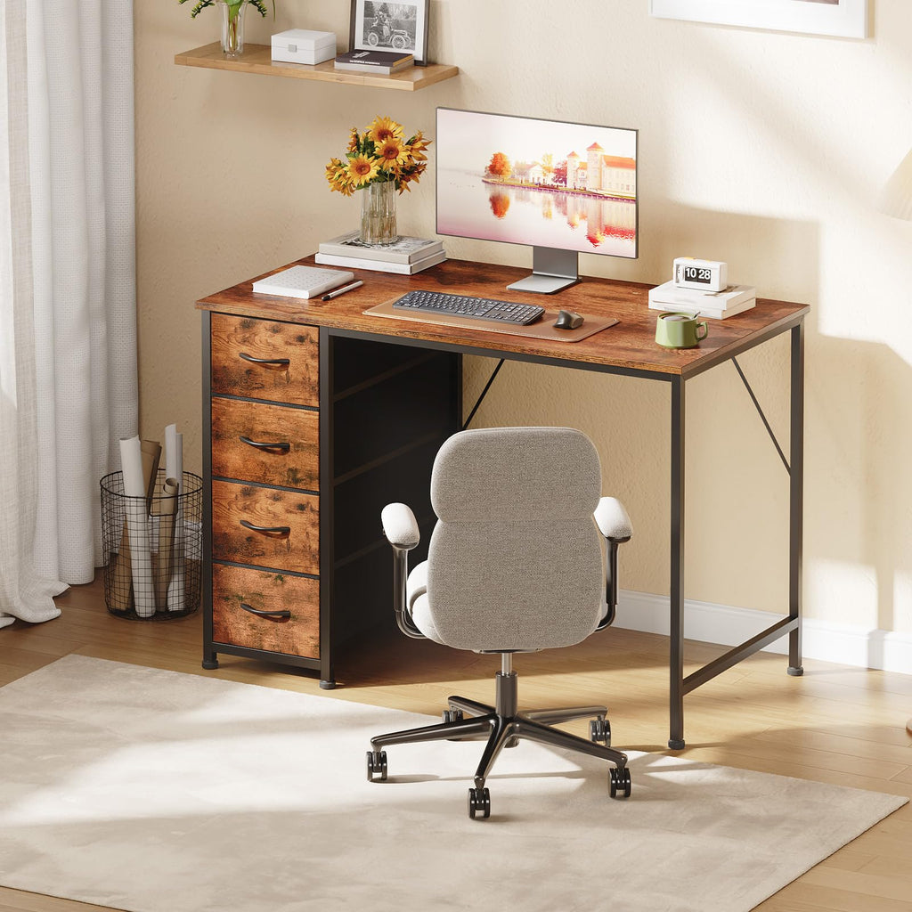 Somdot Computer Desk with 4 Fabric Drawers, 39.4 inch Reversible Home Office Desk, Small Gaming Desk with Drawers, Metal Frame for Home Office, Black