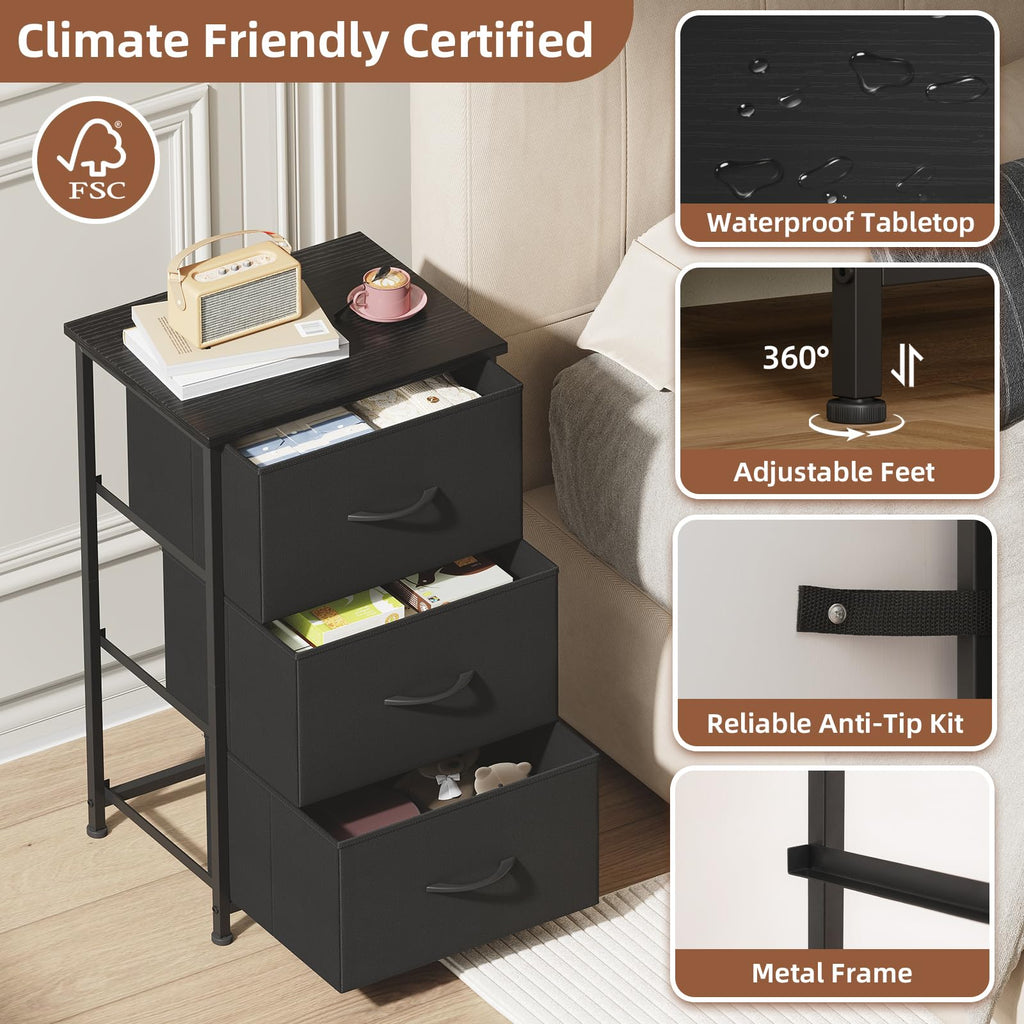 Somdot Nightstand, 3 Drawer Dresser for Bedroom, Bedside Table Night Stand End Table with Fabric Bins for Bedroom Closet Dorm,Black
