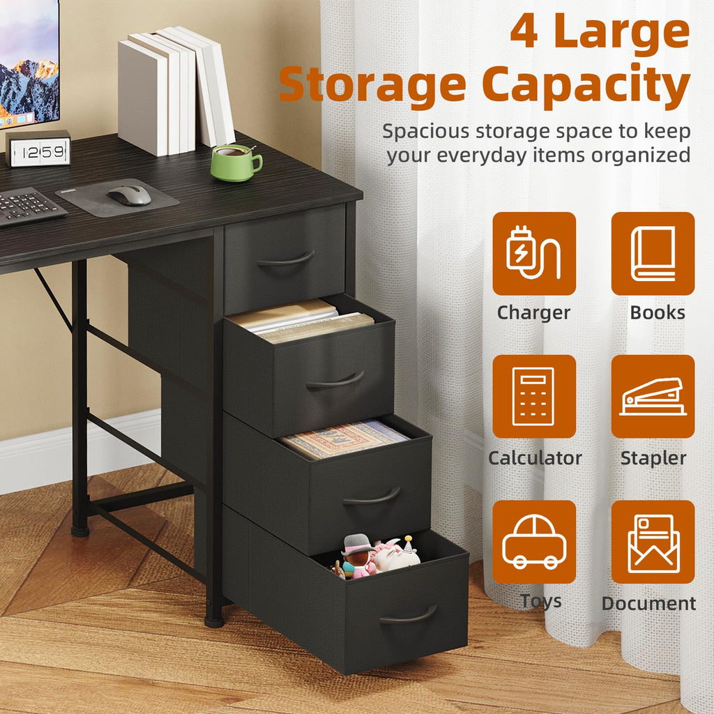 Somdot Computer Desk with 4 Fabric Drawers, 39.4 inch Reversible Home Office Desk, Small Gaming Desk with Drawers, Metal Frame for Home Office, Black