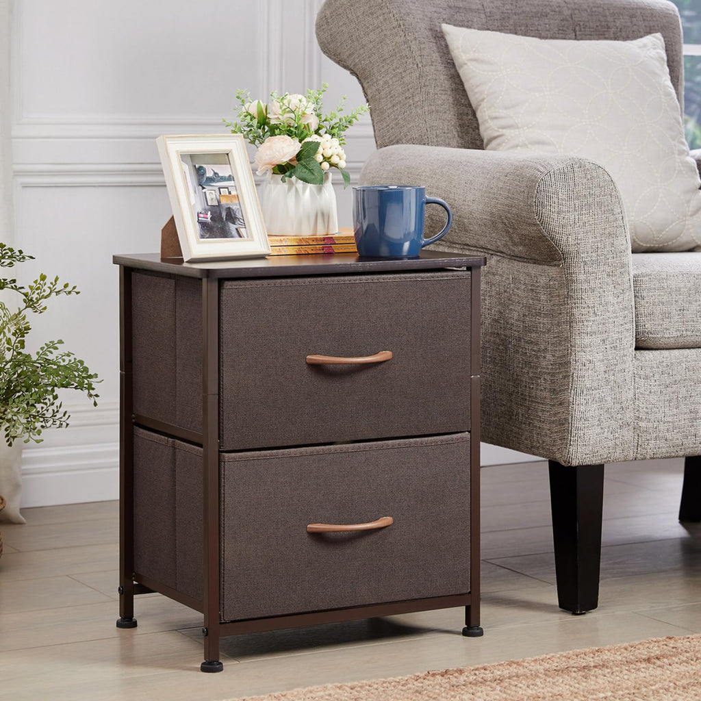 Somdot Nightstand with 2 Drawers, Small Bedside Table with Removable Fabric Bins for Bedroom, Nursery & Living Room - Sturdy Steel Frame, Wood Top, Ash Grey