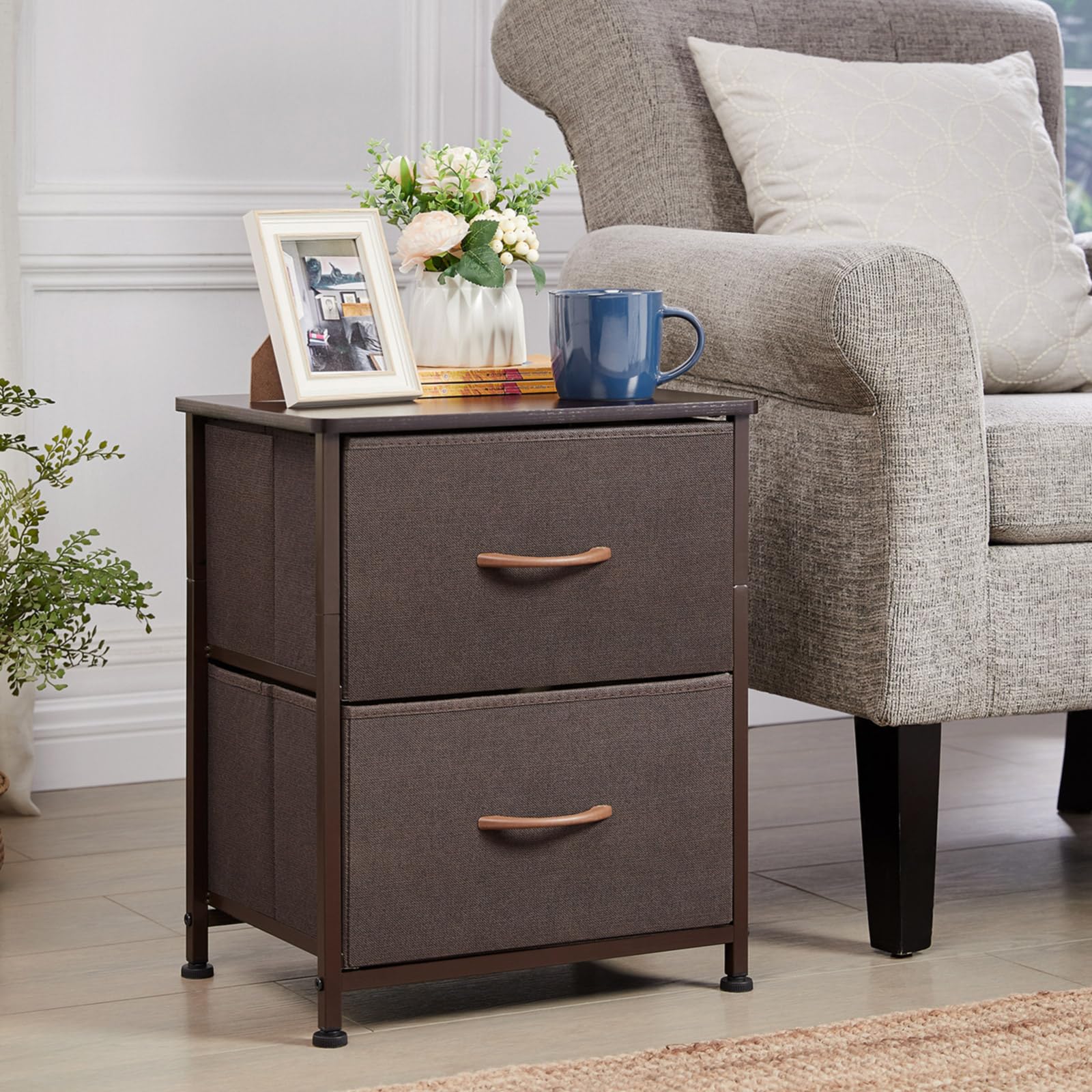 Somdot Nightstand with 2 Drawers, Small Bedside Table with Removable Fabric Bins for Bedroom, Nursery & Living Room - Sturdy Steel Frame, Wood Top, Ash Grey