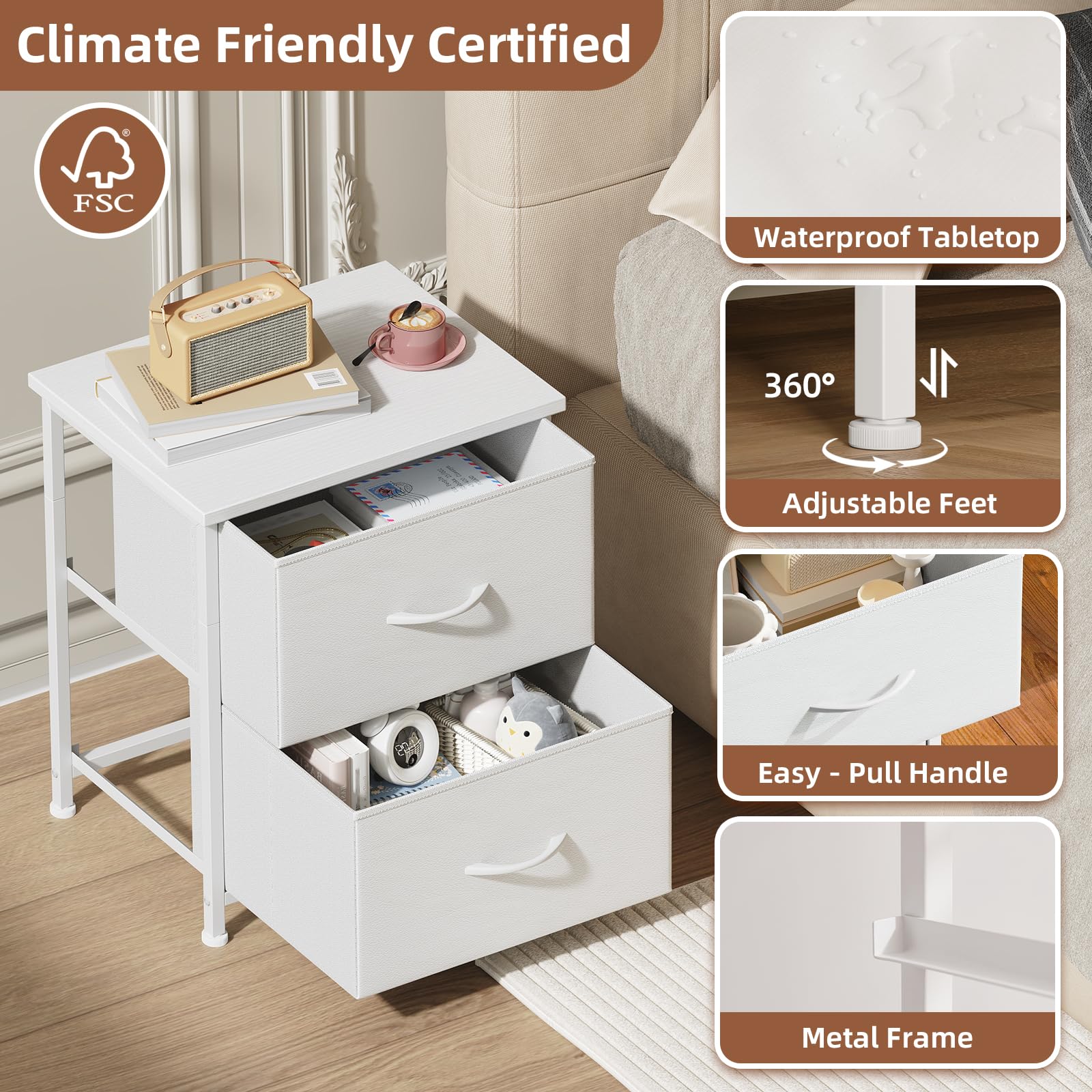 Somdot Nightstand with 2 Drawers, Small Bedside Table with Removable Fabric Bins for Bedroom, Nursery & Living Room - Sturdy Steel Frame, Wood Top, Ash Grey