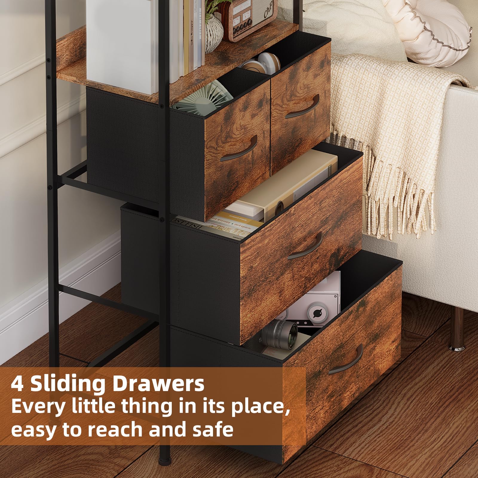 Somdot 5 Tier Bookshelf,Tall Bookcase with 3 Fabric Drawers,Storage Wood Shelf and Metal Frame,Shelving Unit for Living Room,Office,Study,Black