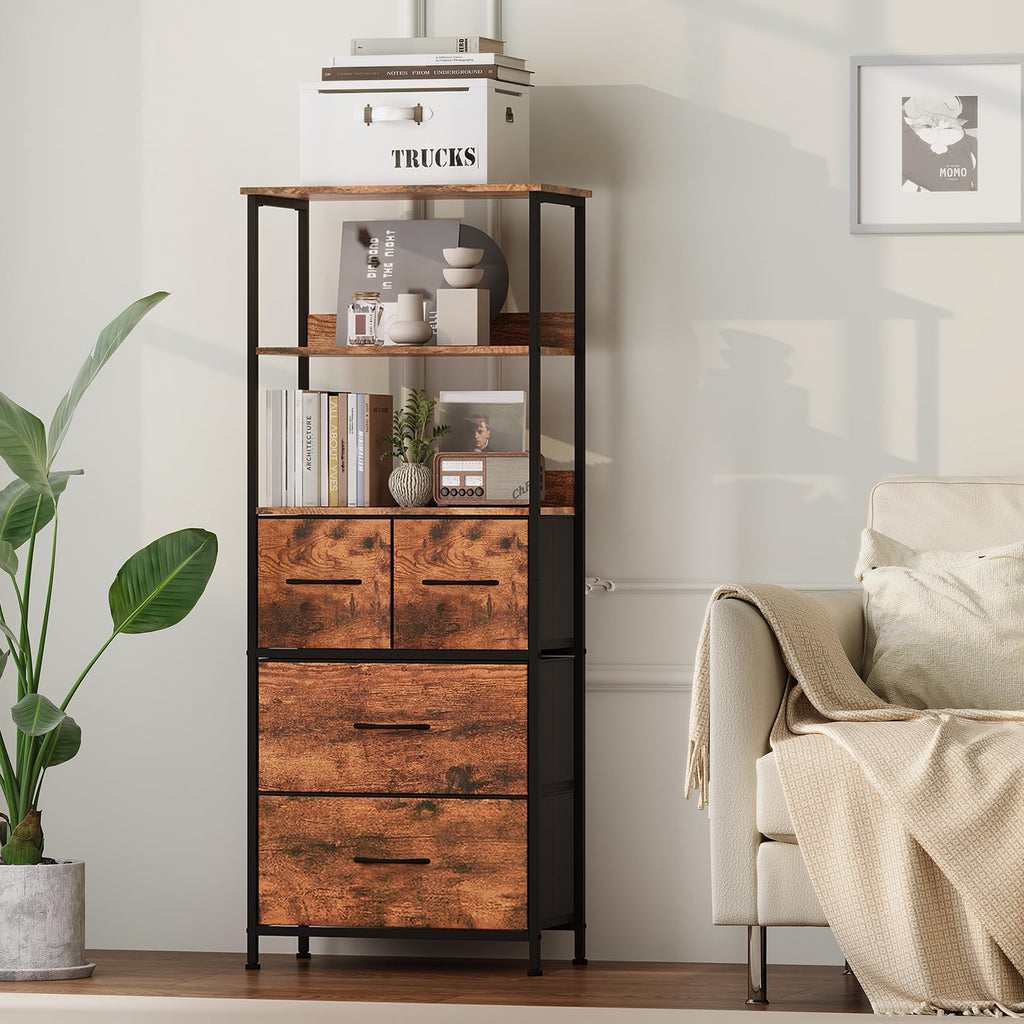 Somdot 5 Tier Bookshelf,Tall Bookcase with 3 Fabric Drawers,Storage Wood Shelf and Metal Frame,Shelving Unit for Living Room,Office,Study,Black