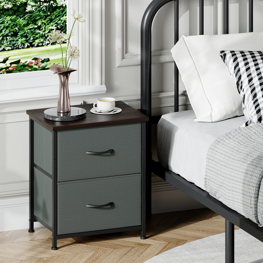 Somdot Nightstand with 2 Drawers, Small Bedside Table with Removable Fabric Bins for Bedroom, Nursery & Living Room - Sturdy Steel Frame, Wood Top, Ash Grey