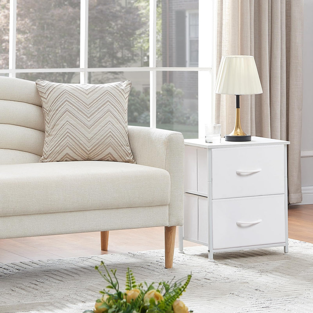 Somdot Nightstand with 2 Drawers, Small Bedside Table with Removable Fabric Bins for Bedroom, Nursery & Living Room - Sturdy Steel Frame, Wood Top, Ash Grey
