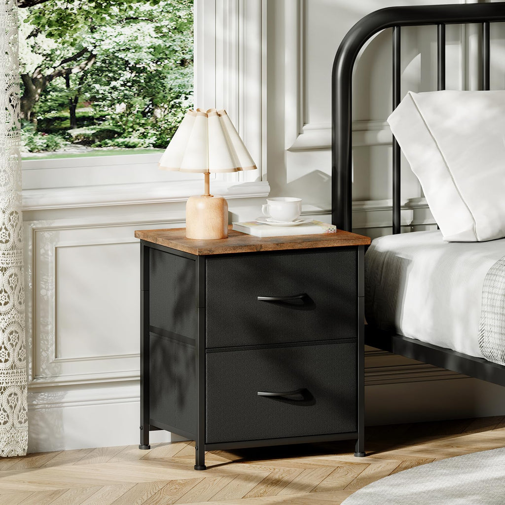 Somdot Nightstand with 2 Drawers, Small Bedside Table with Removable Fabric Bins for Bedroom, Nursery & Living Room - Sturdy Steel Frame, Wood Top, Ash Grey