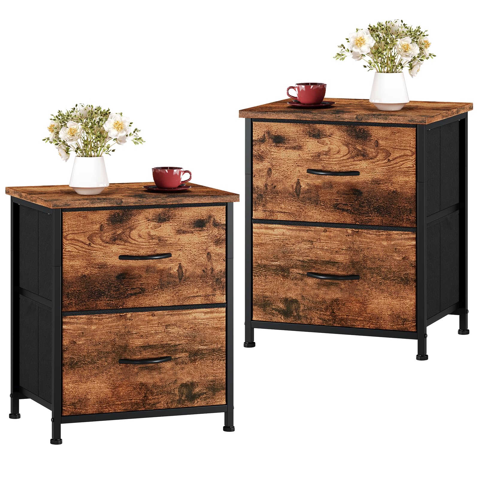Somdot Nightstand with 2 Drawers, Small Bedside Table with Removable Fabric Bins for Bedroom, Nursery & Living Room - Sturdy Steel Frame, Wood Top, Ash Grey