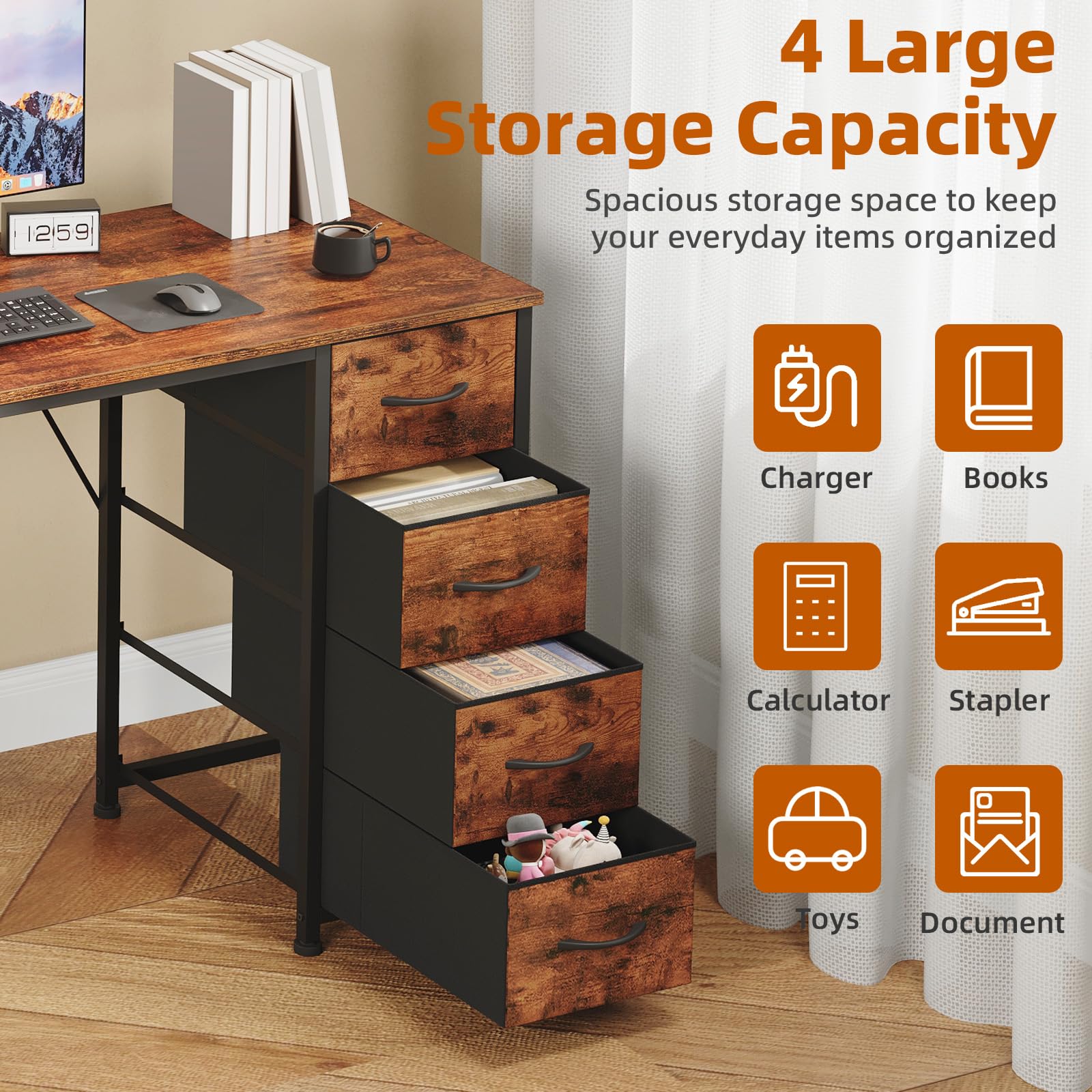 Somdot Computer Desk with 4 Fabric Drawers, 39.4 inch Reversible Home Office Desk, Small Gaming Desk with Drawers, Metal Frame for Home Office, Black