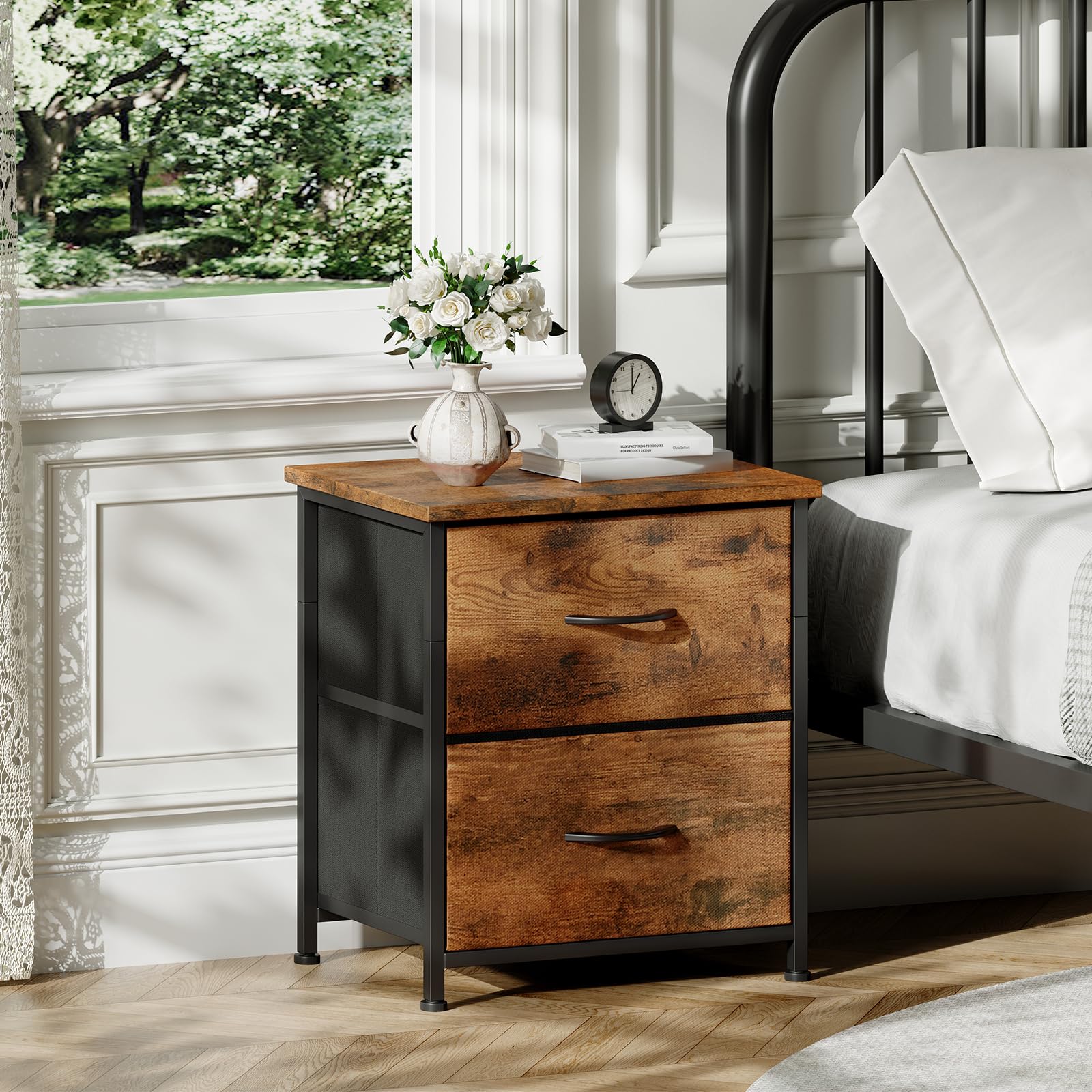 Somdot Nightstand with 2 Drawers, Small Bedside Table with Removable Fabric Bins for Bedroom, Nursery & Living Room - Sturdy Steel Frame, Wood Top, Ash Grey