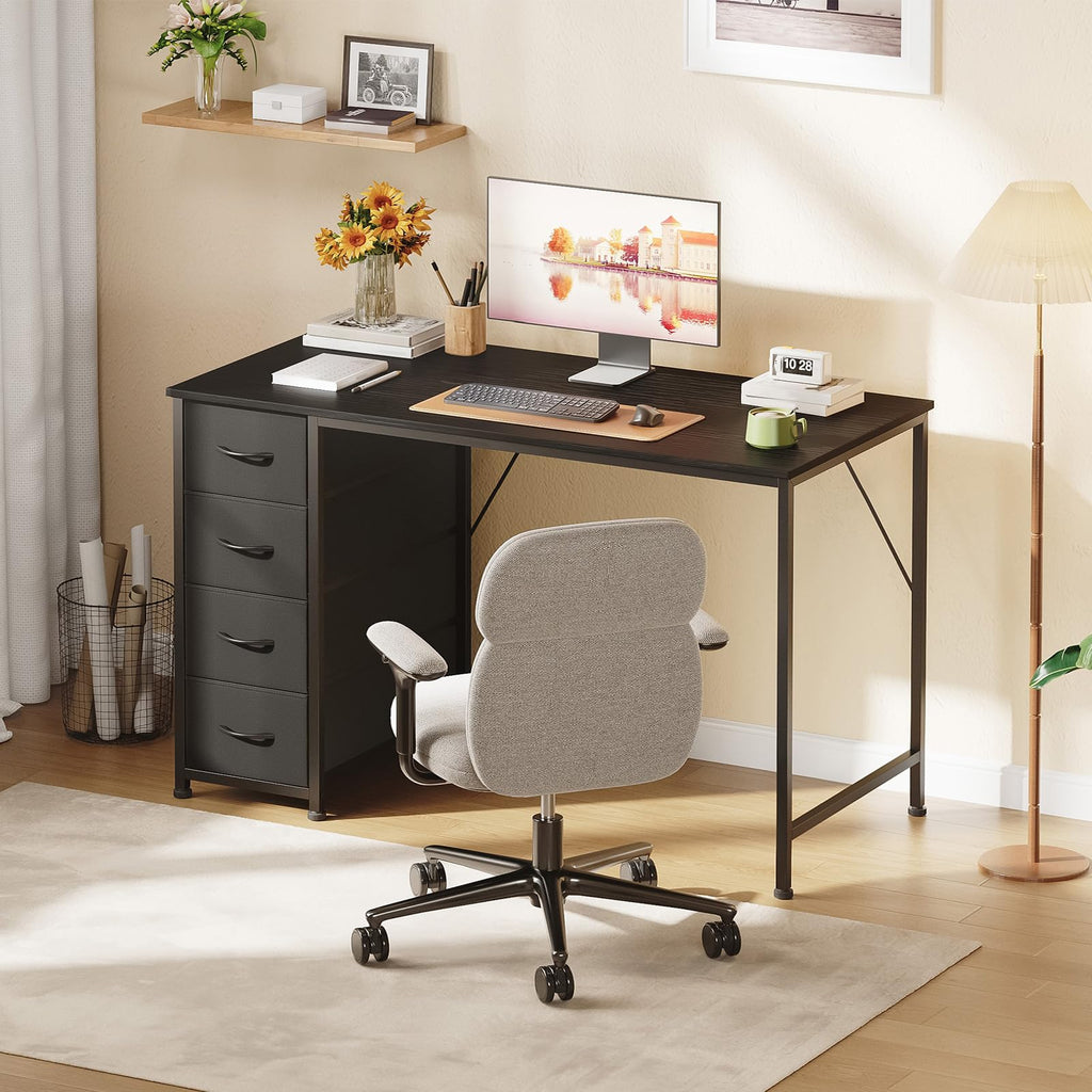 Somdot Computer Desk with 4 Fabric Drawers, 39.4 inch Reversible Home Office Desk, Small Gaming Desk with Drawers, Metal Frame for Home Office, Black