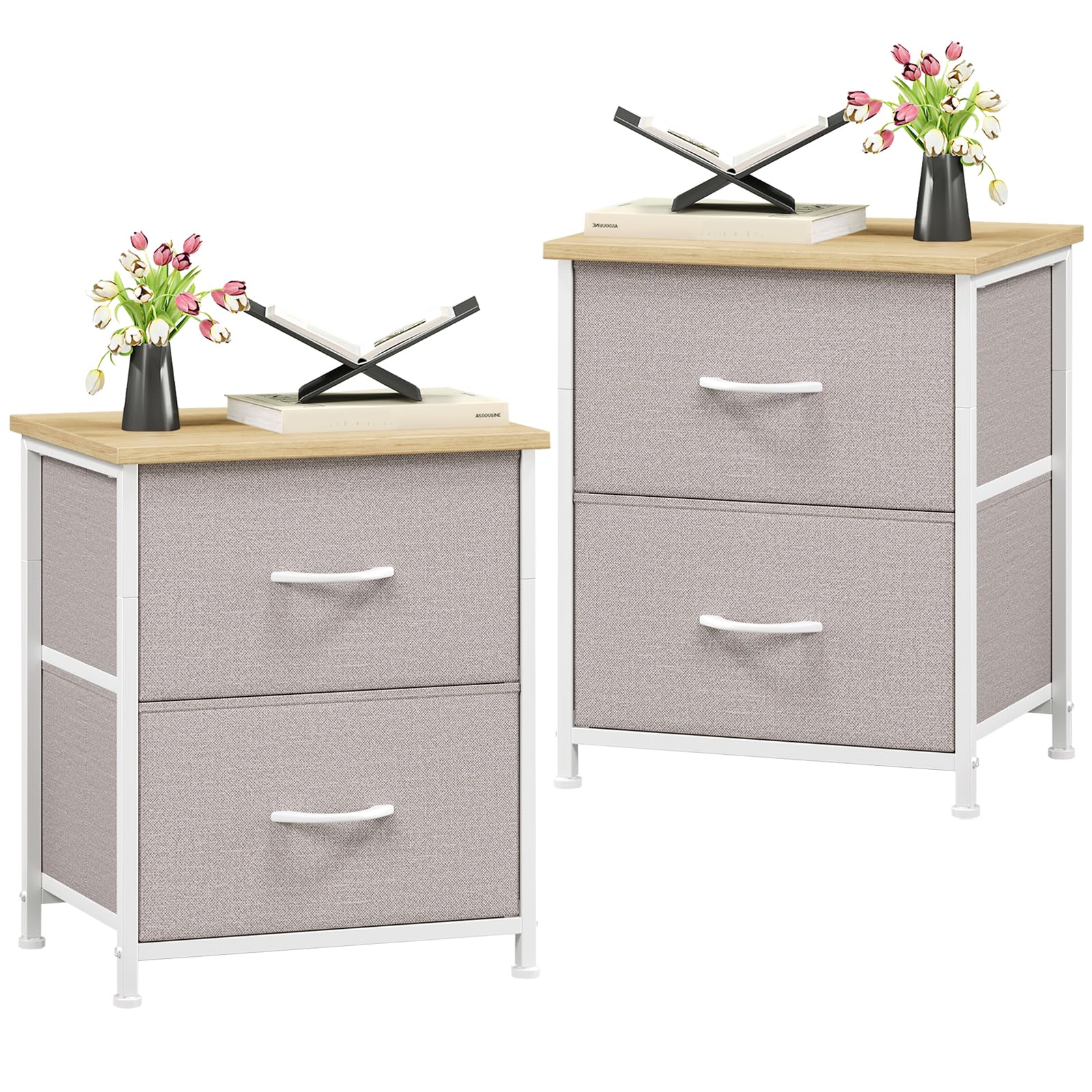 Somdot Nightstand with 2 Drawers, Small Bedside Table with Removable Fabric Bins for Bedroom, Nursery & Living Room - Sturdy Steel Frame, Wood Top, Ash Grey