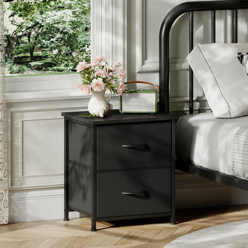 Somdot Nightstand with 2 Drawers, Small Bedside Table with Removable Fabric Bins for Bedroom, Nursery & Living Room - Sturdy Steel Frame, Wood Top, Ash Grey