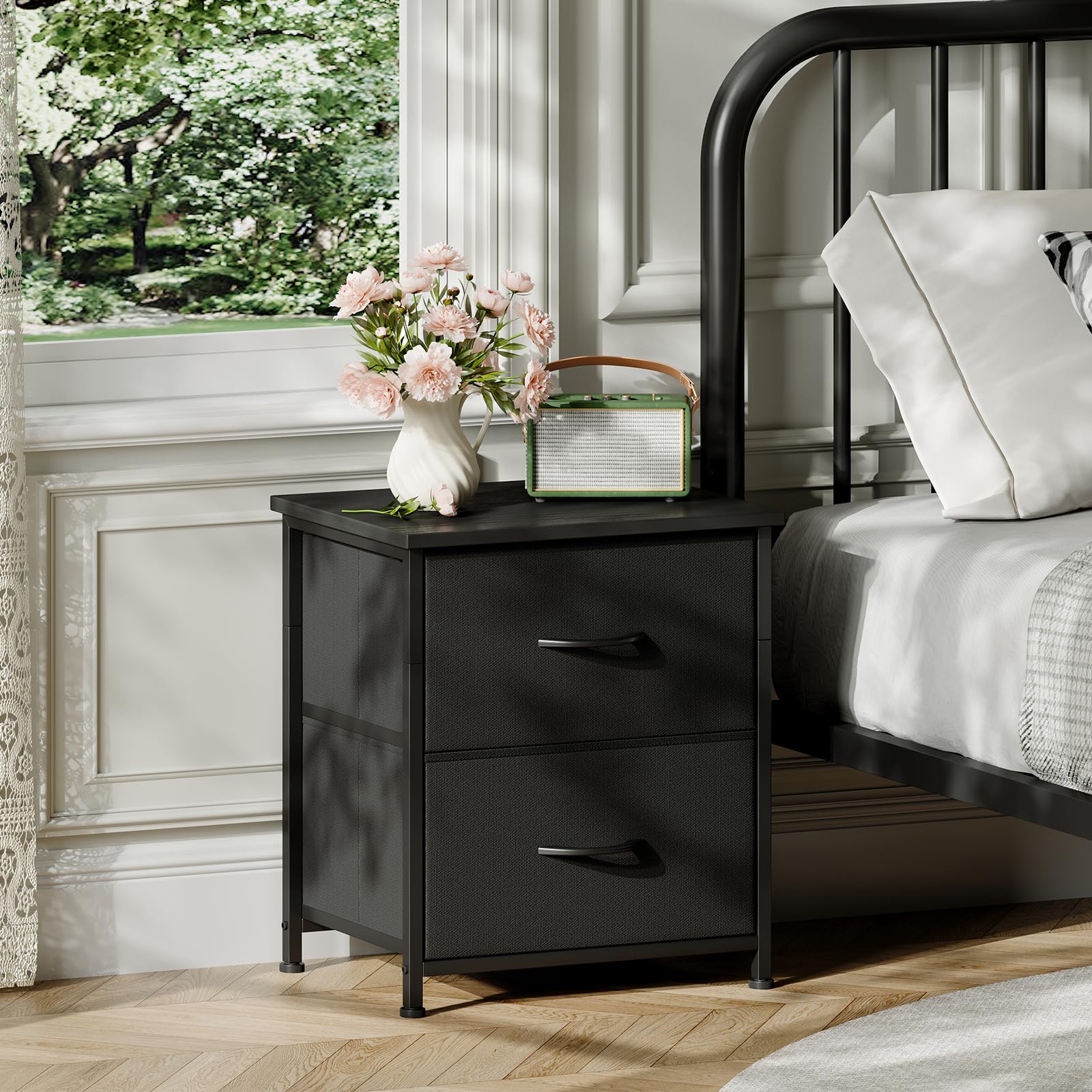 Somdot Nightstand with 2 Drawers, Small Bedside Table with Removable Fabric Bins for Bedroom, Nursery & Living Room - Sturdy Steel Frame, Wood Top, Ash Grey