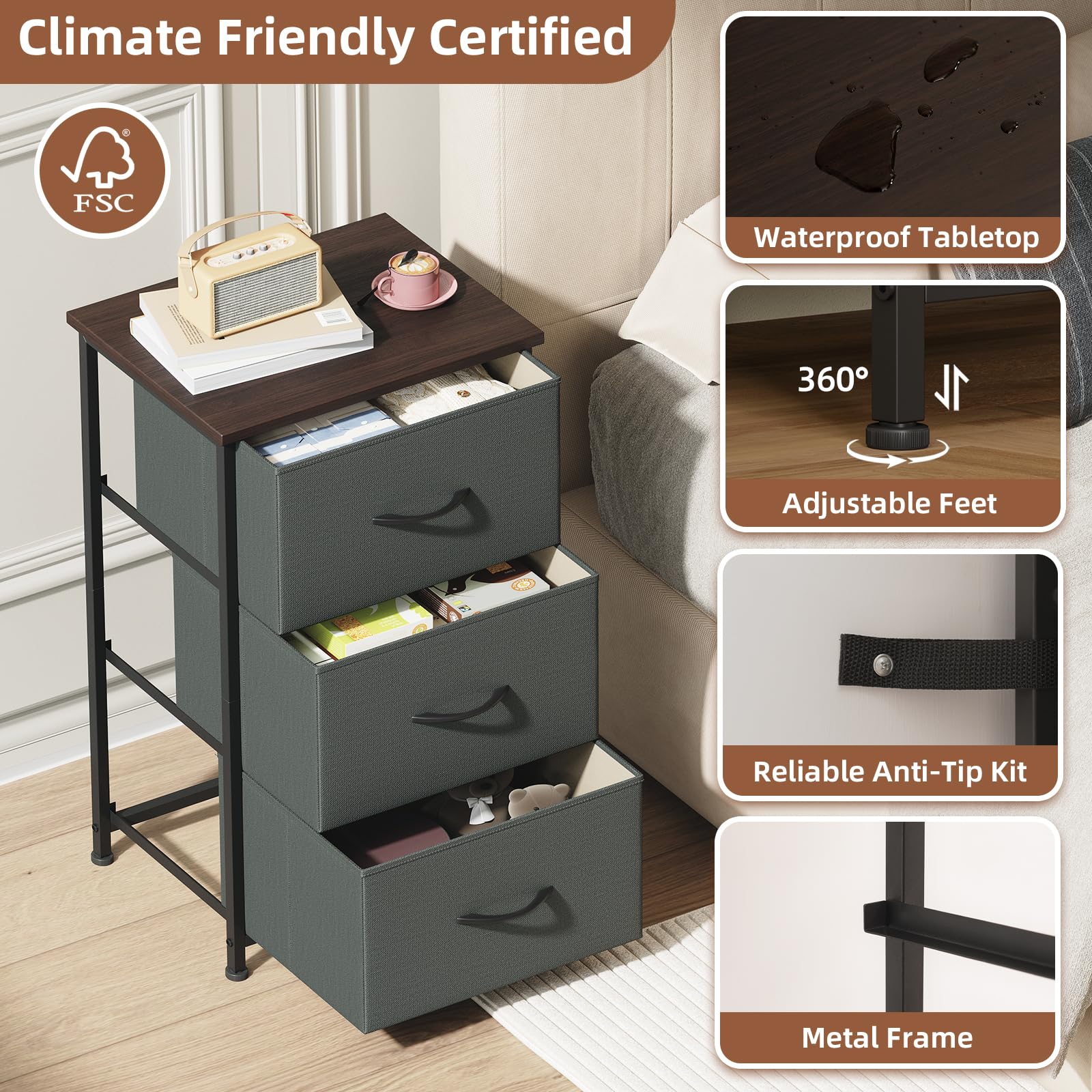 Somdot Nightstand, 3 Drawer Dresser for Bedroom, Bedside Table Night Stand End Table with Fabric Bins for Bedroom Closet Dorm,Black