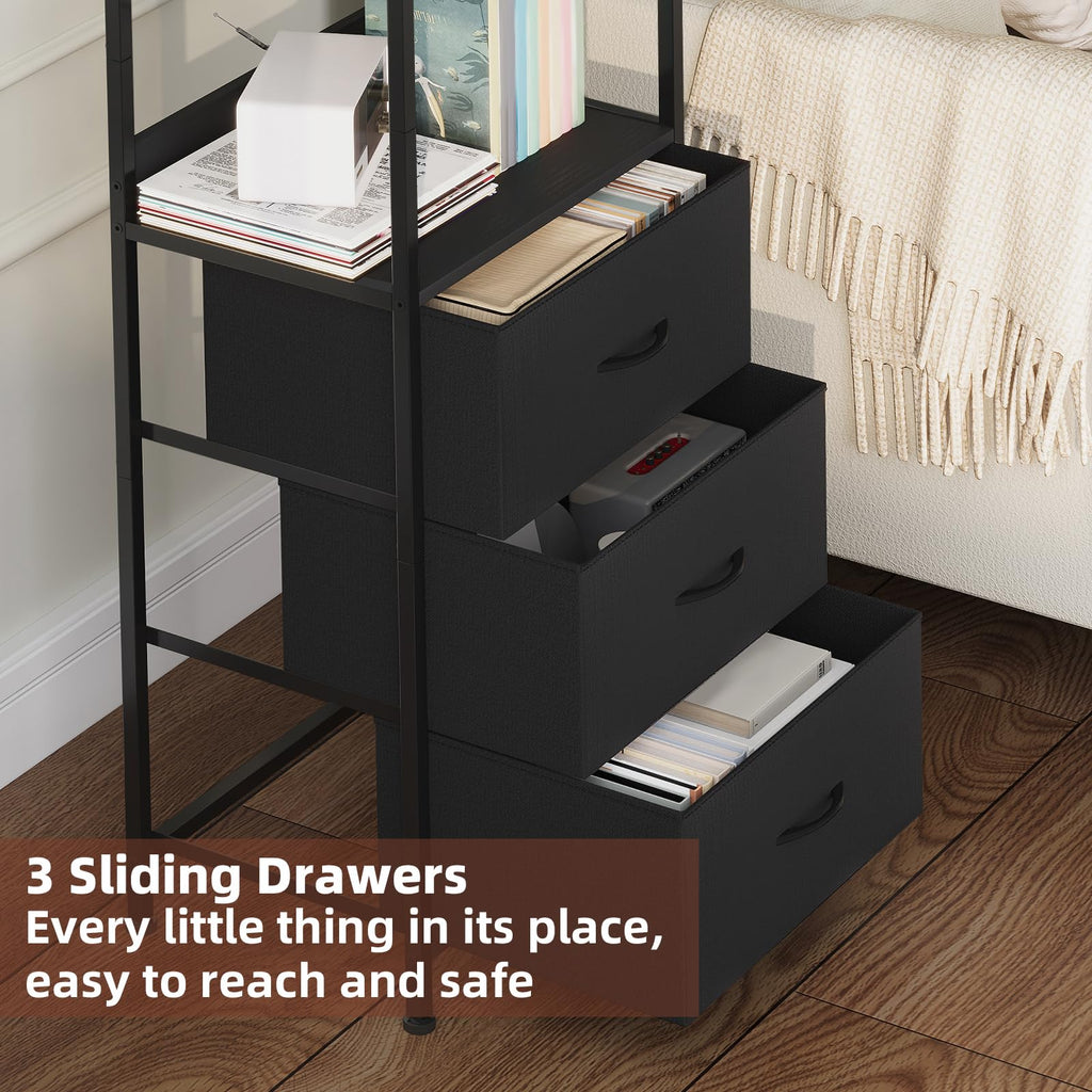 Somdot 5 Tier Bookshelf,Tall Bookcase with 3 Fabric Drawers,Storage Wood Shelf and Metal Frame,Shelving Unit for Living Room,Office,Study,Black