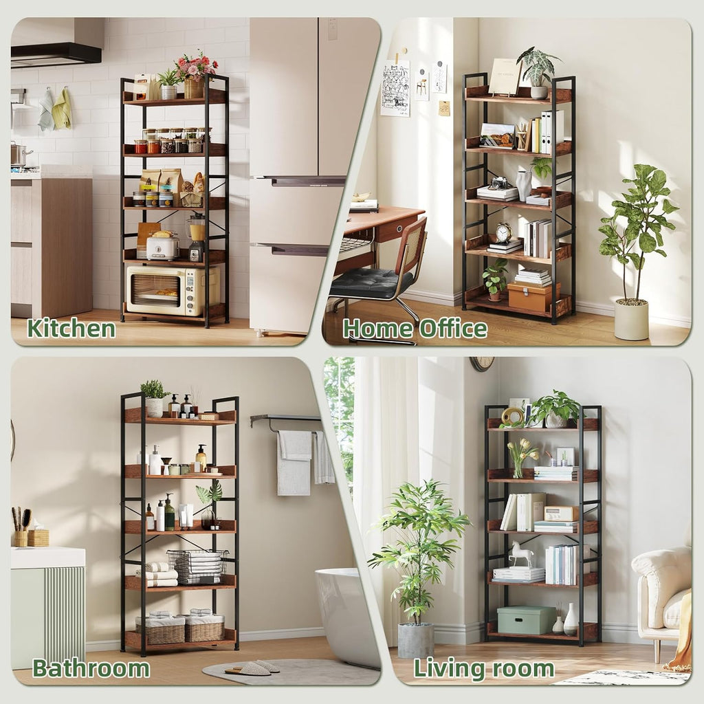 Somdot Bookshelf, 5 Tier Bookshelves with Open Storage, Free Standing Shelving Unit, Industrial Bookcase for Bedroom, Living Room and Home Office, Wood Grain Print