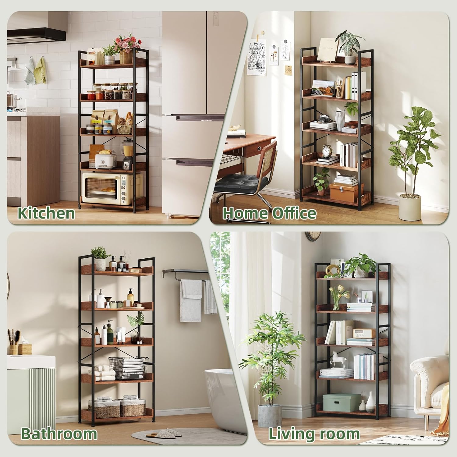 Somdot Bookshelf, 5 Tier Bookshelves with Open Storage, Free Standing Shelving Unit, Industrial Bookcase for Bedroom, Living Room and Home Office, Wood Grain Print