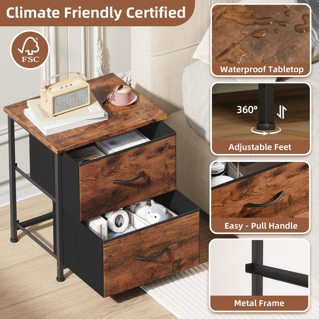 Somdot Nightstand with 2 Drawers, Small Bedside Table with Removable Fabric Bins for Bedroom, Nursery & Living Room - Sturdy Steel Frame, Wood Top, Ash Grey