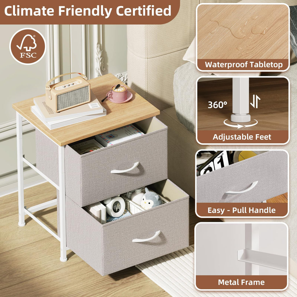 Somdot Nightstand with 2 Drawers, Small Bedside Table with Removable Fabric Bins for Bedroom, Nursery & Living Room - Sturdy Steel Frame, Wood Top, Ash Grey
