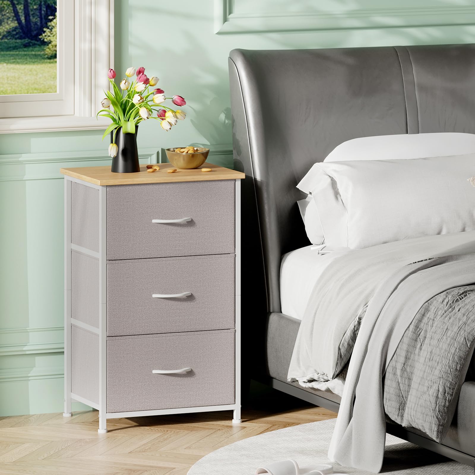 Somdot Nightstand, 3 Drawer Dresser for Bedroom, Bedside Table Night Stand End Table with Fabric Bins for Bedroom Closet Dorm,Black