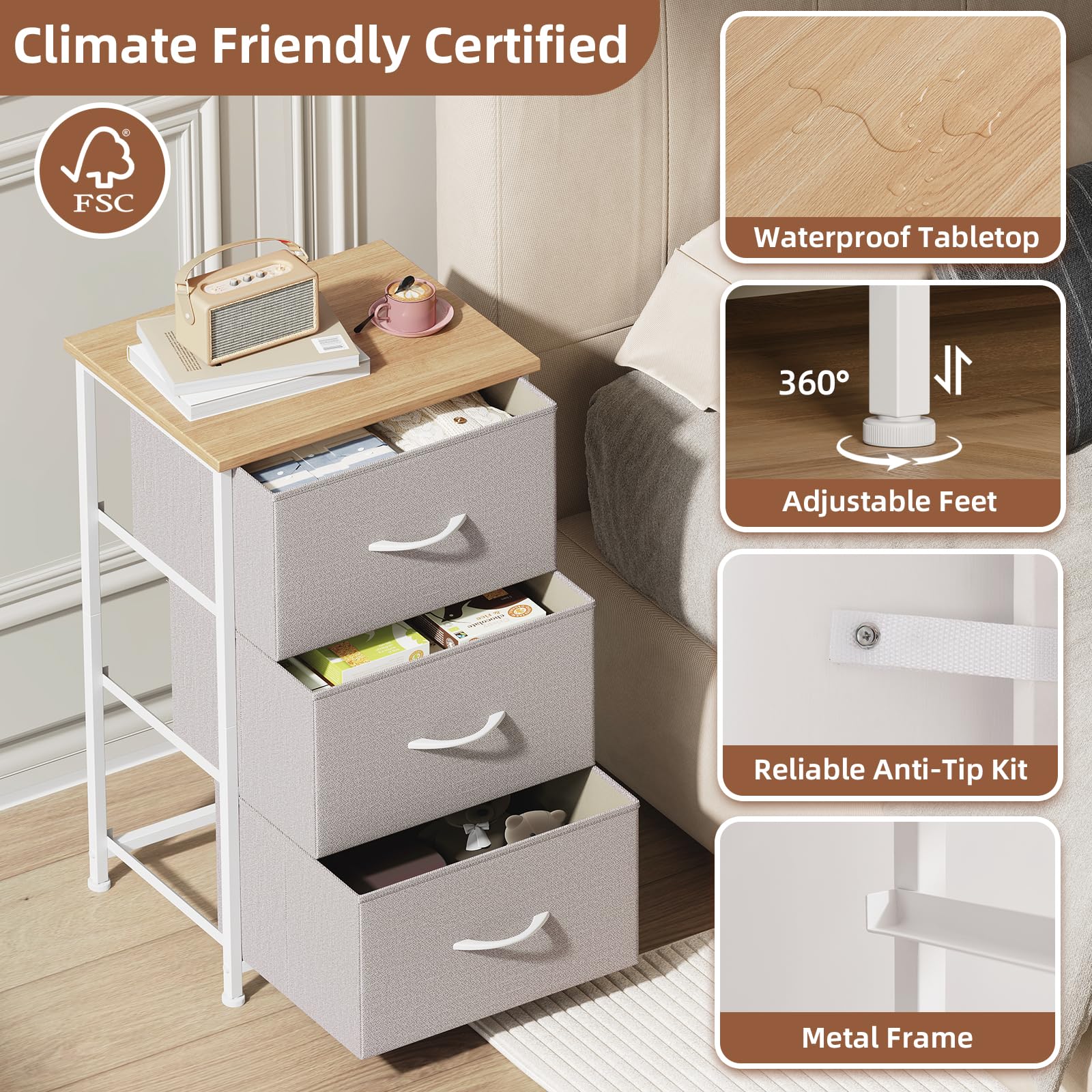 Somdot Nightstand, 3 Drawer Dresser for Bedroom, Bedside Table Night Stand End Table with Fabric Bins for Bedroom Closet Dorm,Black