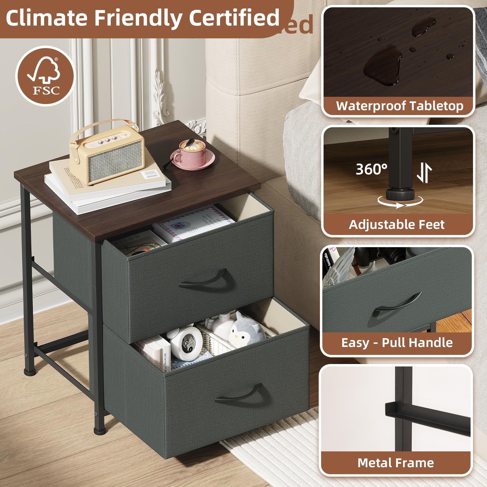 Somdot Nightstand with 2 Drawers, Small Bedside Table with Removable Fabric Bins for Bedroom, Nursery & Living Room - Sturdy Steel Frame, Wood Top, Ash Grey